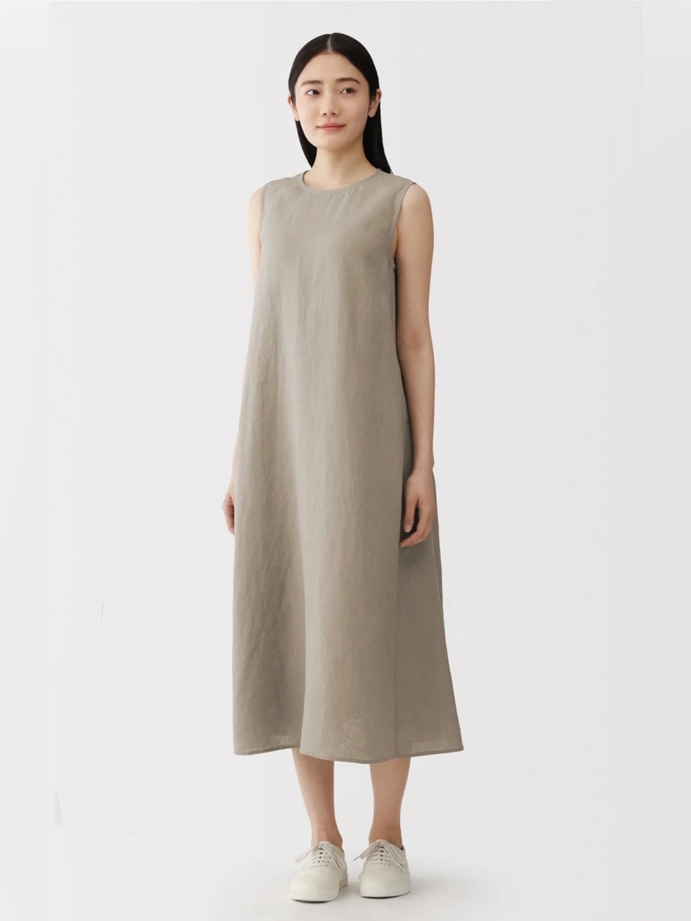 MUJI Taupe 100% Washed Linen Maxi Dress. Size M-L.